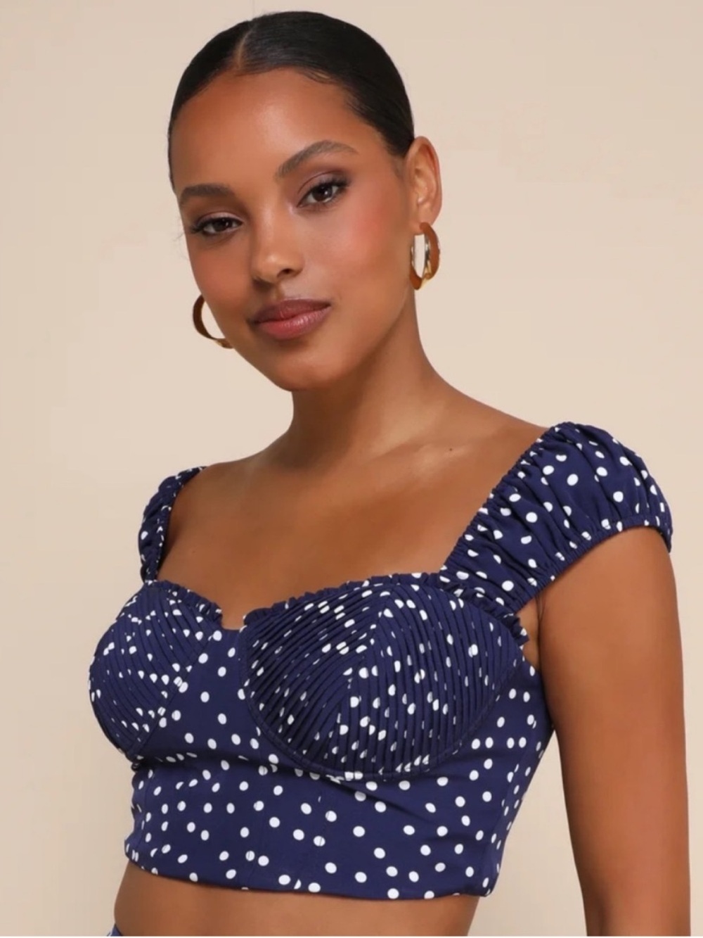 Lulus NWT Navy Polka Dot Pleated Bustier Crop Top Puff Sleeve L